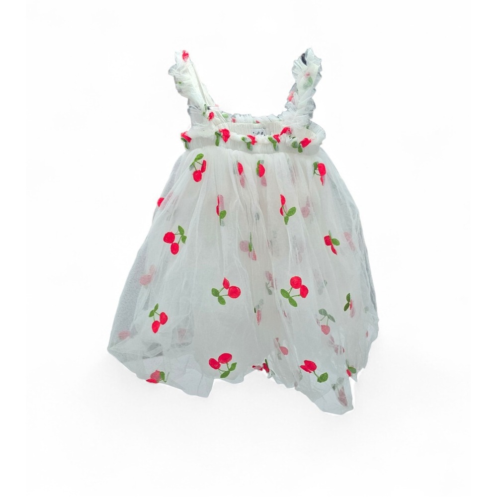 Lola + The Boys Girls White Cherry Embroidered Tulle Ruffle Dress Size 6